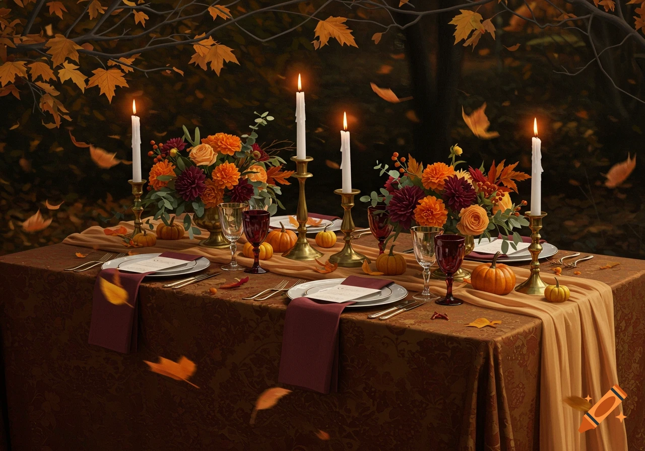 Photorealistic autumn dining table set outdoors with lit candles, fall flowers, pumpkins, and falling leaves.