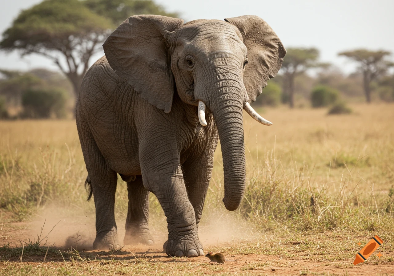 A large elephant walks in a dry grassy field, looking down at a tiny mouse on the ground in front of its foot.