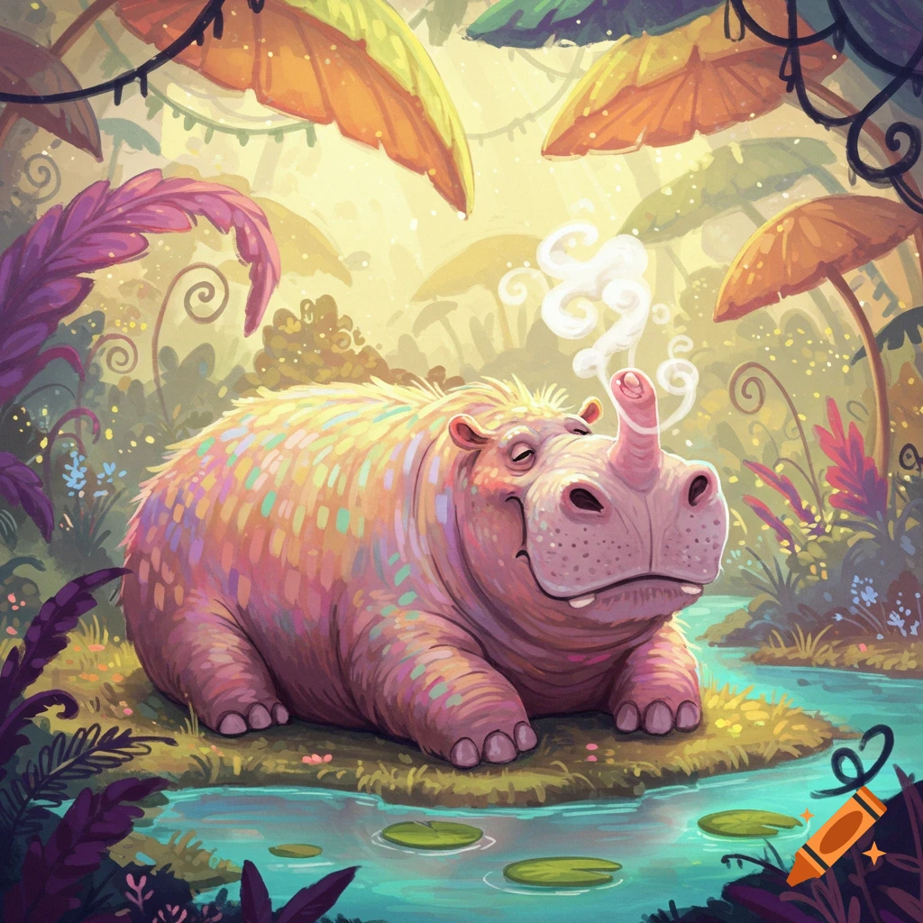 A colorful, whimsical hippopotamus-like creature with a smoking horn rests in a lush, fantastical jungle, in an illustrated style.