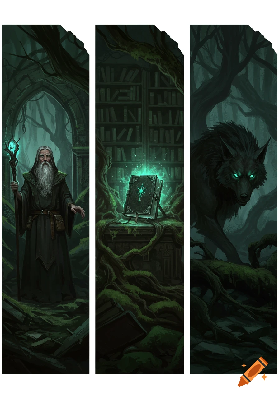 A dark fantasy triptych featuring an old wizard with a glowing staff, a magical tome on a mossy pedestal, and a glowing-eyed direwolf in a gnarled, ruined forest.