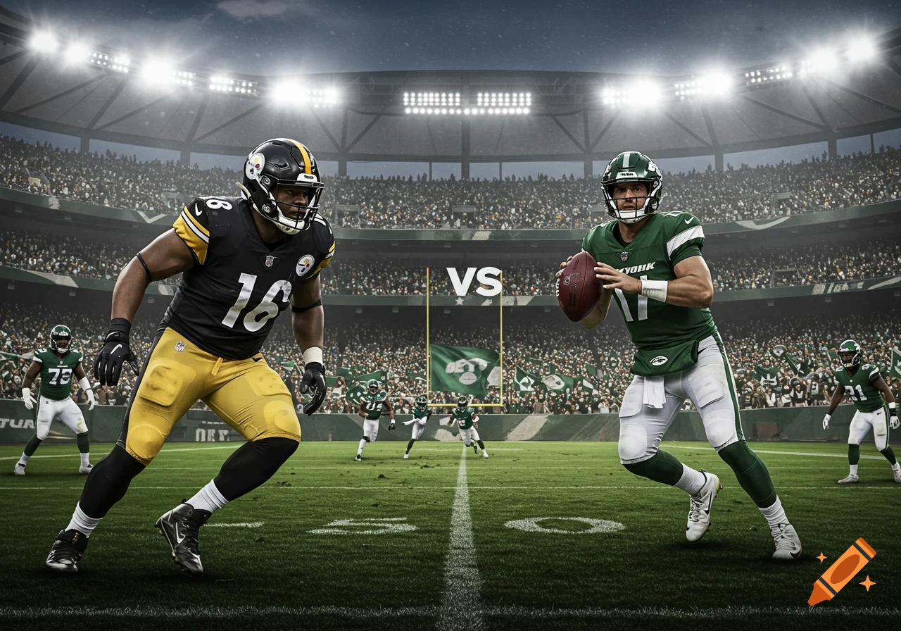 Photorealistic image of a Pittsburgh Steelers player and a New York Jets player facing each other on a football field in a stadium.