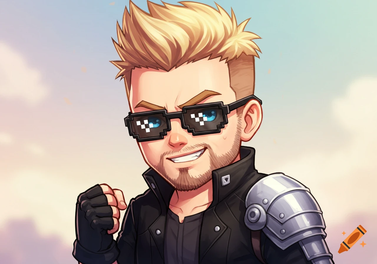 A confident chibi-style animated character with spiky blonde hair, a beard, blue eyes, pixelated meme sunglasses, a black jacket, and silver shoulder armor, with a clenched fist.