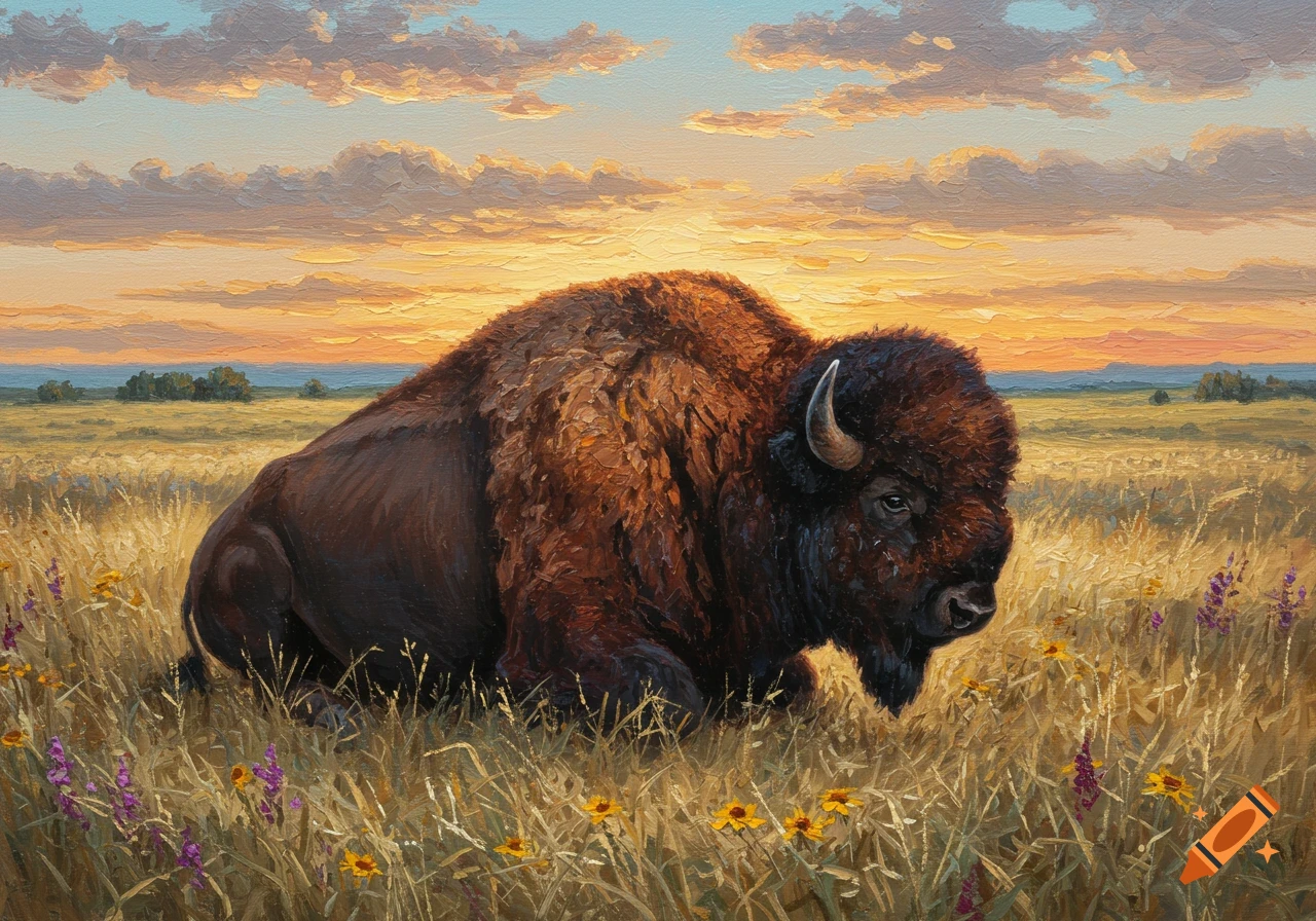 Oil painting of a large brown bison resting in a golden prairie field at sunset with colorful clouds.