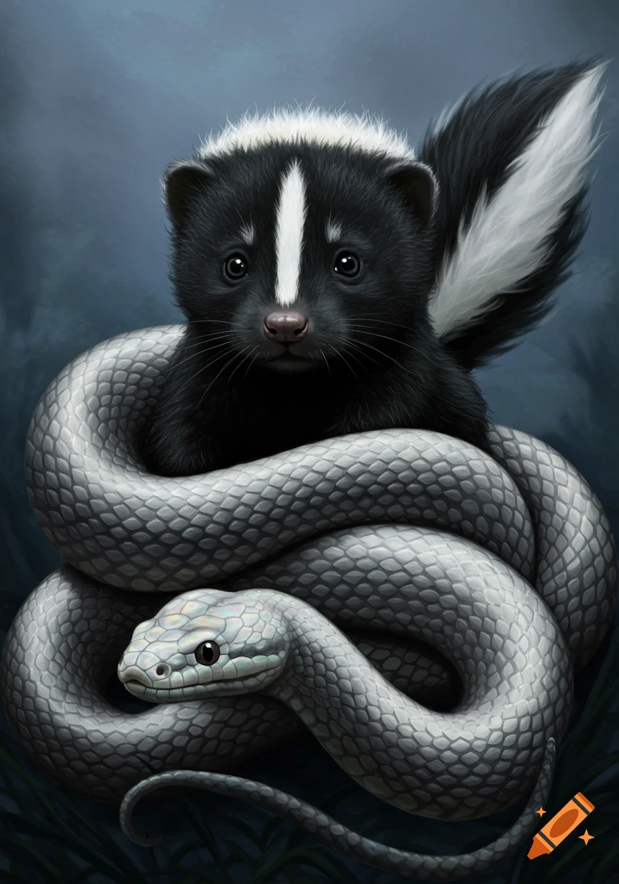 A fluffy baby skunk with black and white fur looks out from the coils of a gray, scaly snake against a dark background.