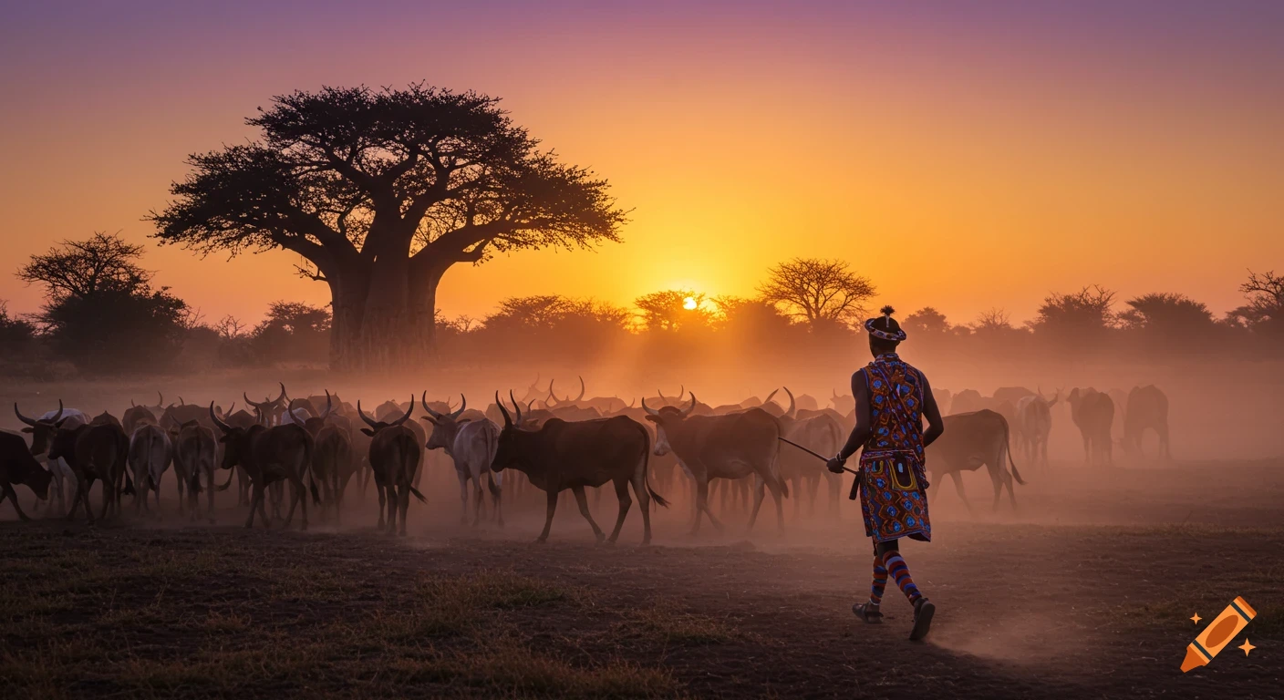 A man in traditional Zimbabwean clothing herds cattle across a dusty field at a vibrant orange and purple sunset with a large baobab tree silhouette.