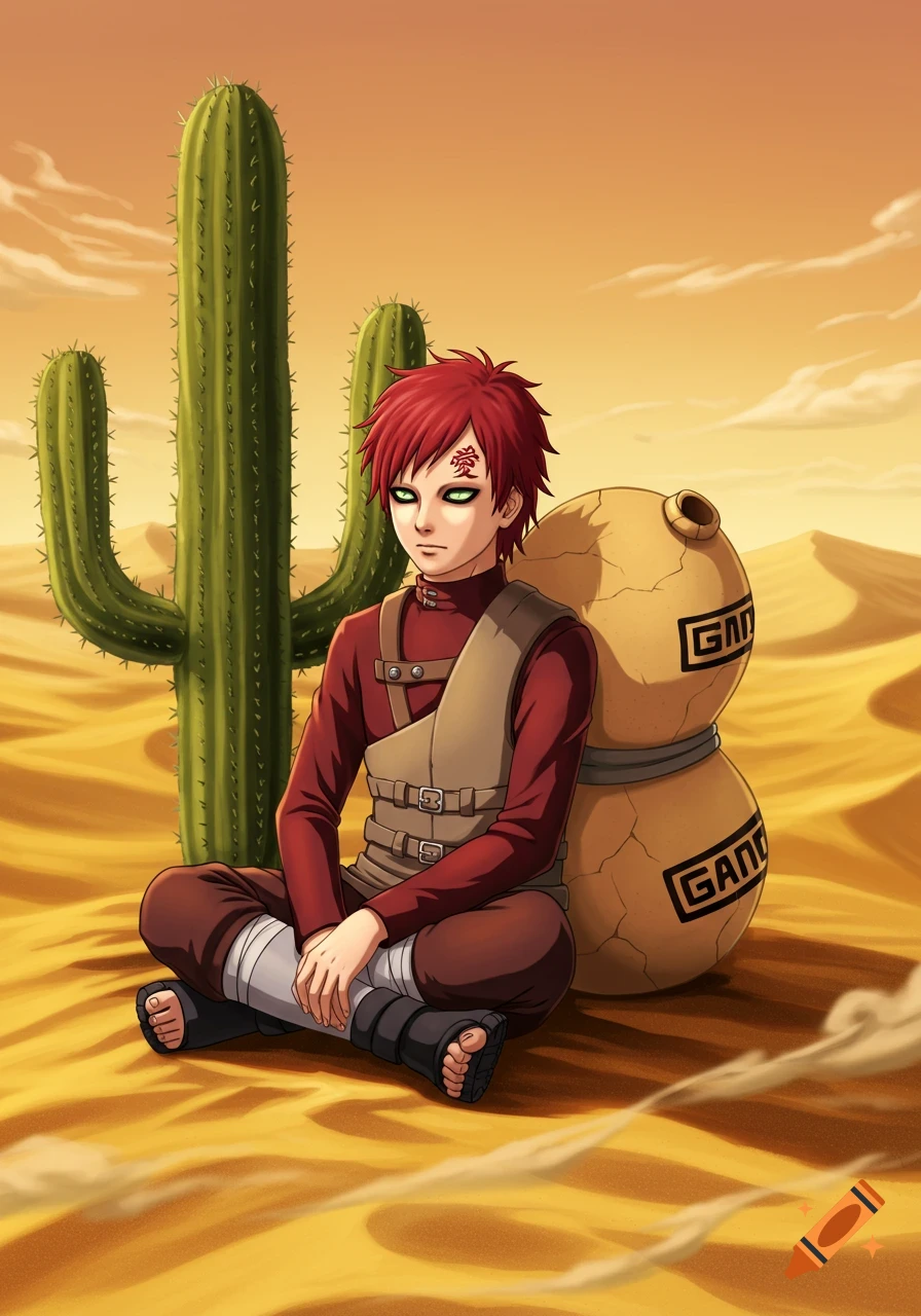 Anime character Gaara with red hair and green eyes sits cross-legged in a desert next to a tall cactus and a large gourd.