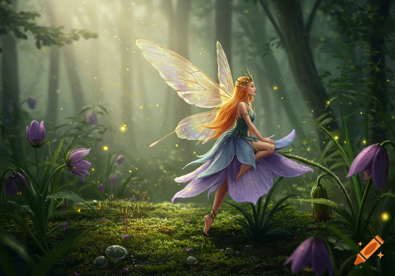 A whimsical fairy with long orange hair and iridescent wings sits on a large purple flower in a magical, sun-dappled forest.