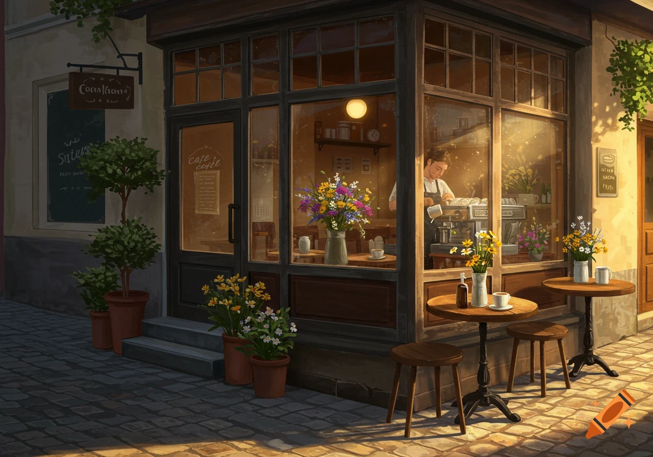 Warm afternoon light bathes a charming European-style cafe with a barista working inside, and outdoor tables adorned with flowers on a cobbled street.