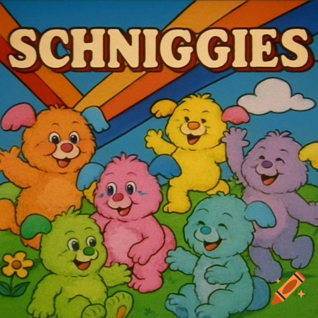 Title card for 'SCHNIGGIES' featuring five colorful, fuzzy, anthropomorphic animal characters in an 80s cartoon style.