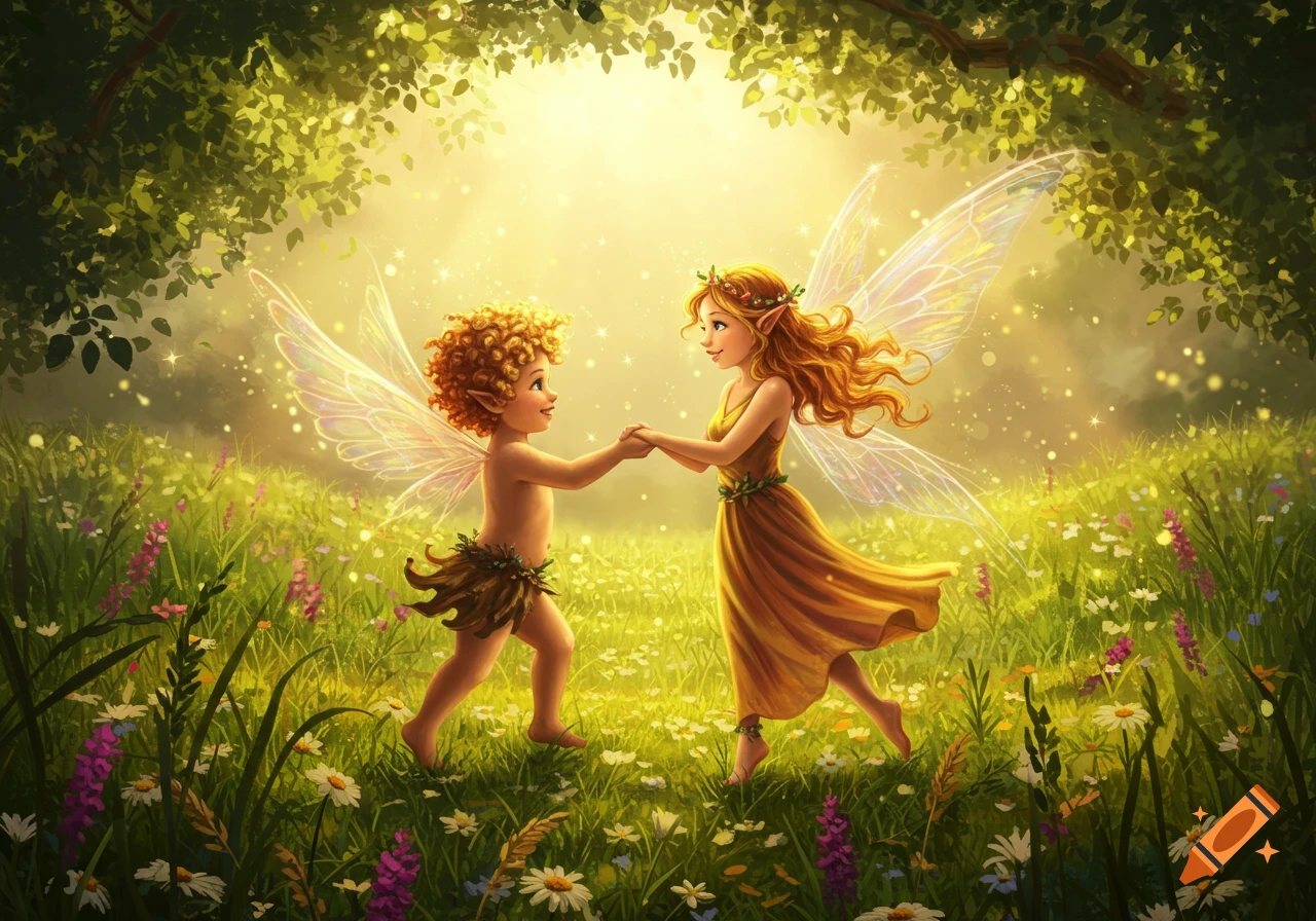 A young putto and a female fairy dance hand-in-hand in a sunlit meadow filled with wildflowers, under lush green trees.