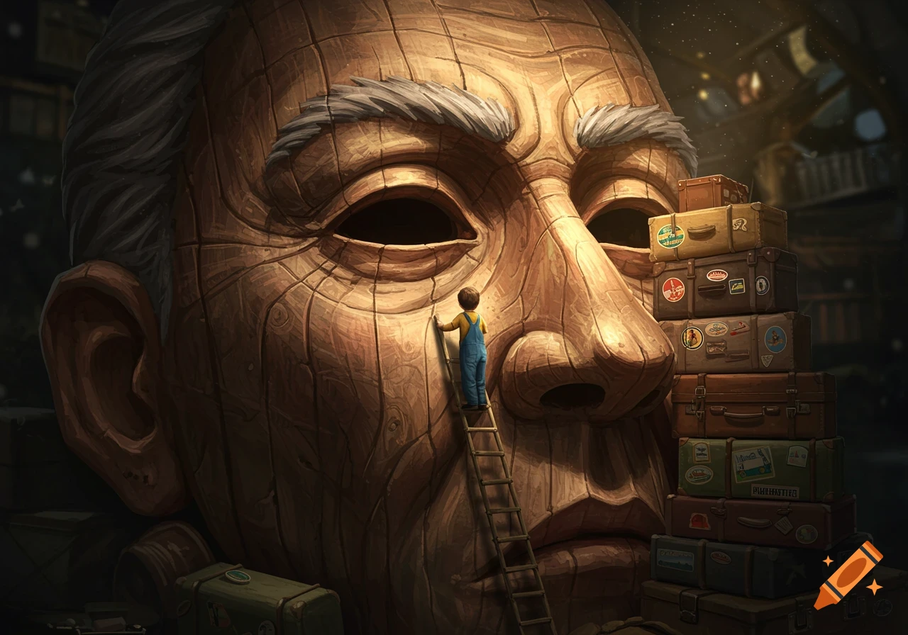 A small boy on a ladder paints a giant wooden face, while stacks of vintage luggage are piled next to it in a surreal, dreamlike illustration.