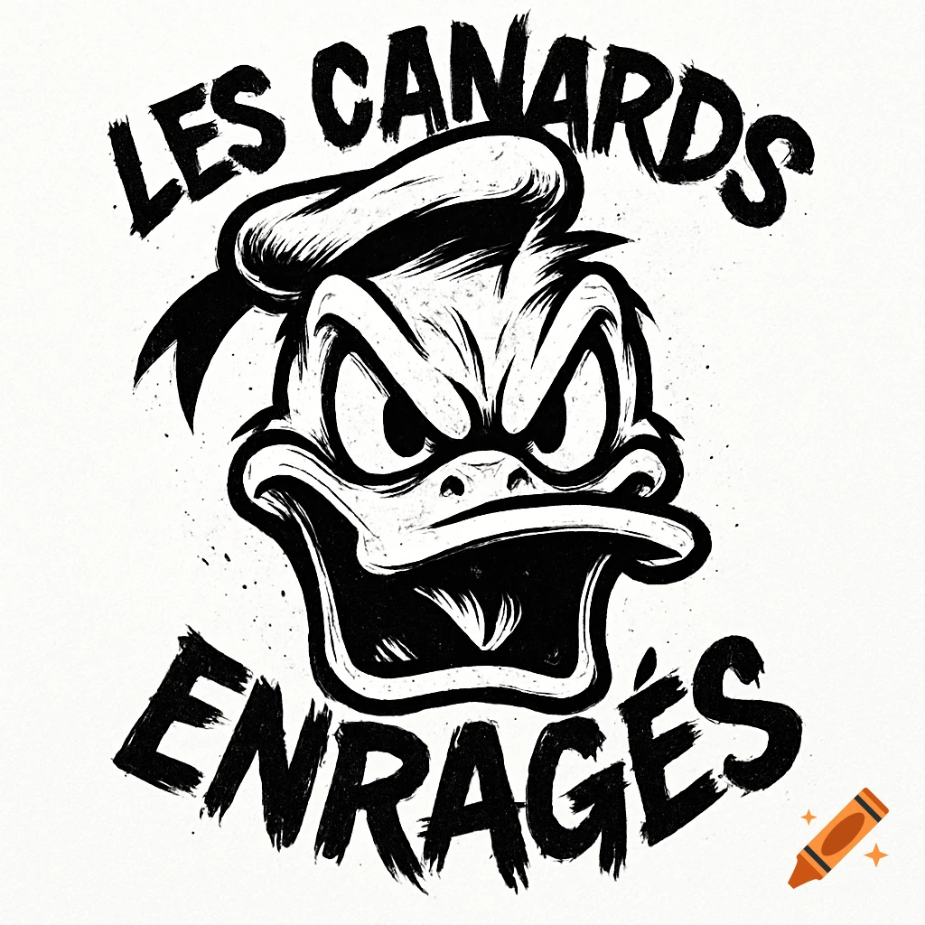 Black and white illustration of an enraged Donald Duck wearing his sailor hat, with the text 'LES CANARDS ENRAGÉS' in a grungy font.