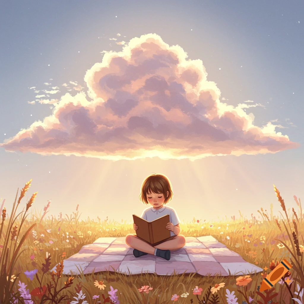 Stylized illustration of a child reading a book on a blanket in a sunny, flowery field under a large cloud.