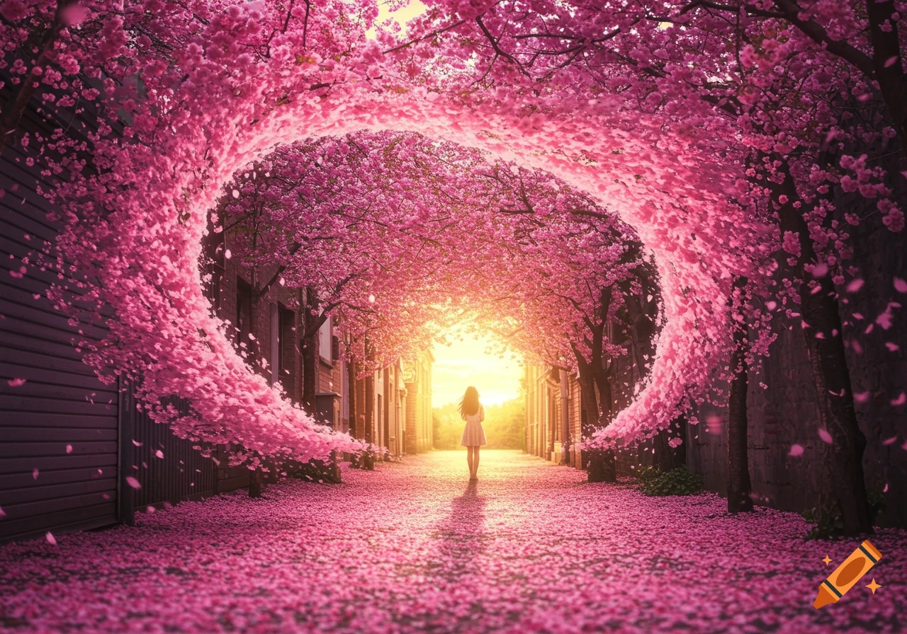 A person walks down a path through an archway of vibrant pink cherry blossoms, with petals covering the ground and a bright sun ahead.