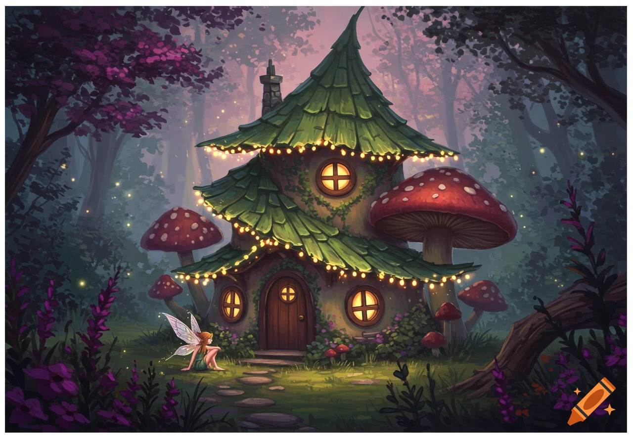 Whimsical fairy house with glowing lights and large mushrooms in an enchanted forest, with a small fairy sitting on the path. Illustration style.