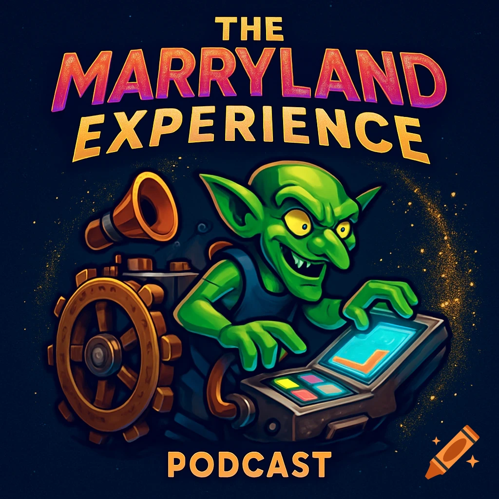 Cartoon green goblin operating a machine, with 'The Marryland Experience Podcast' text. Stylized fantasy illustration.