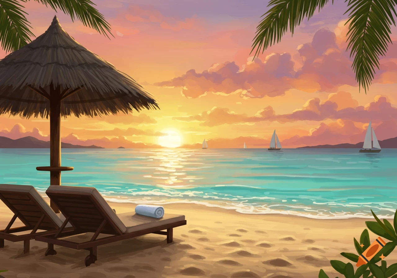 Vibrant, painterly beach sunset with two lounge chairs, a thatched umbrella, and sailboats on a calm, turquoise ocean.