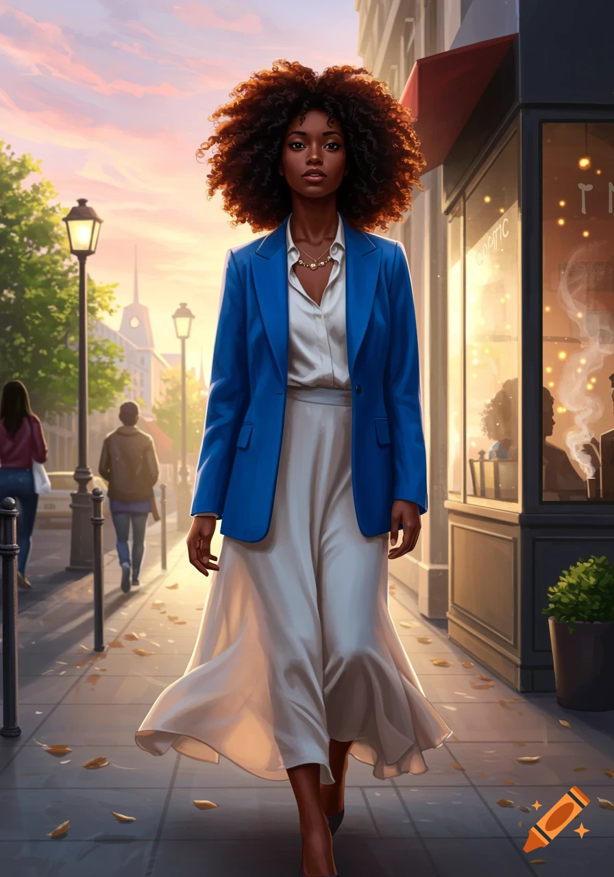 A stylish Black woman with curly hair walks confidently down a city sidewalk at sunset, wearing a blue blazer and white flowing skirt.