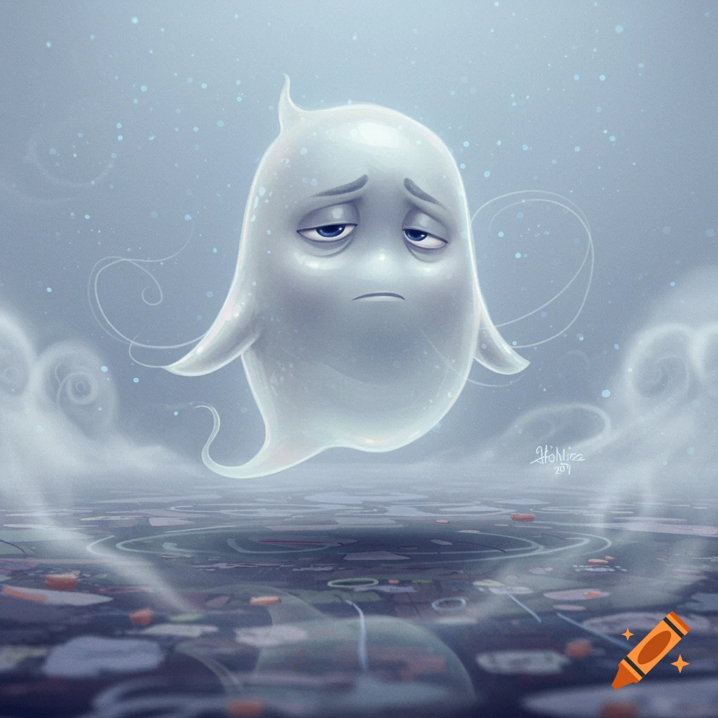 A translucent, sad, white cartoon ghost-like character with droopy eyes floats above a reflective, dark surface.