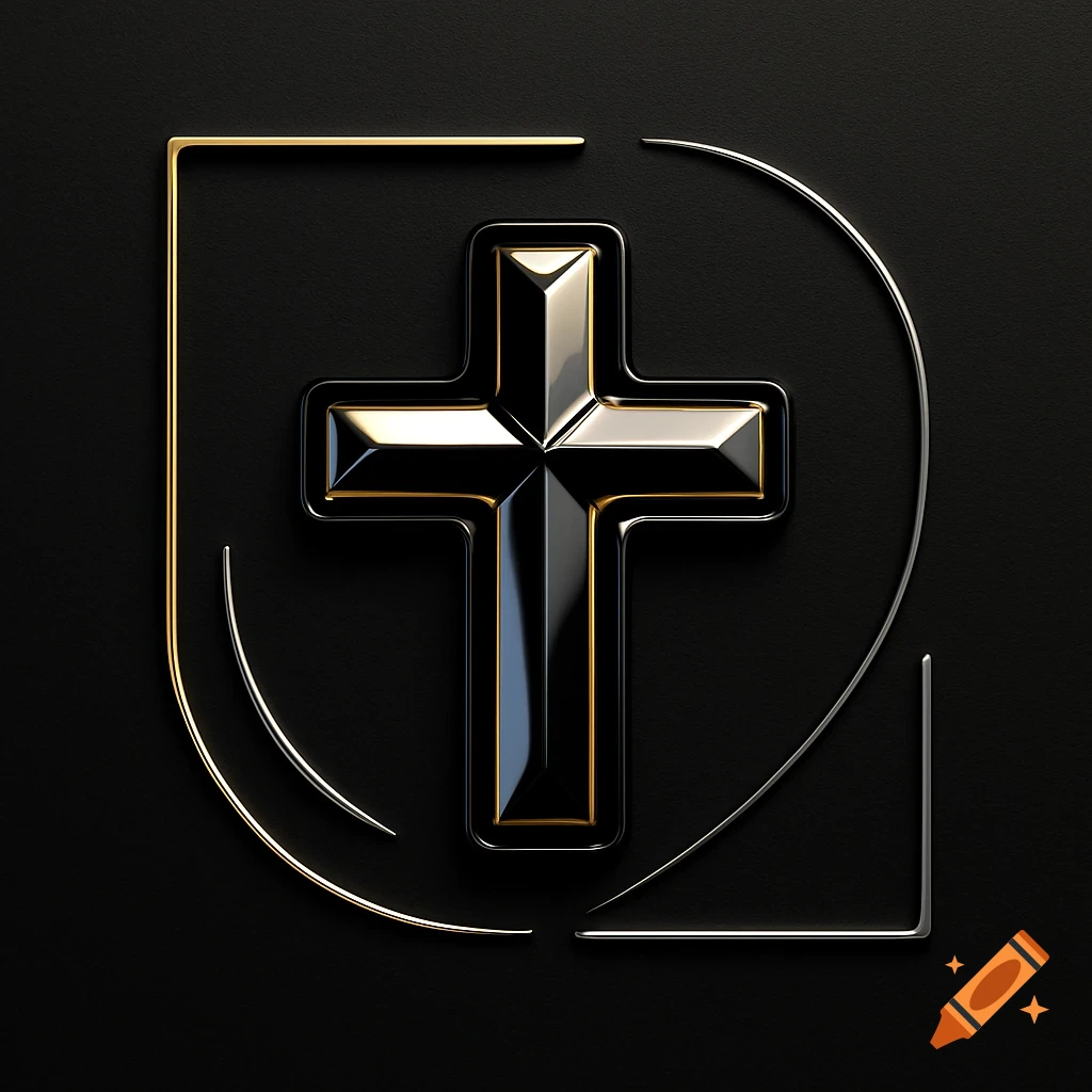 A glossy black and gold metallic cross centered on a dark background, surrounded by abstract gold and silver lines in a modern 3D style.