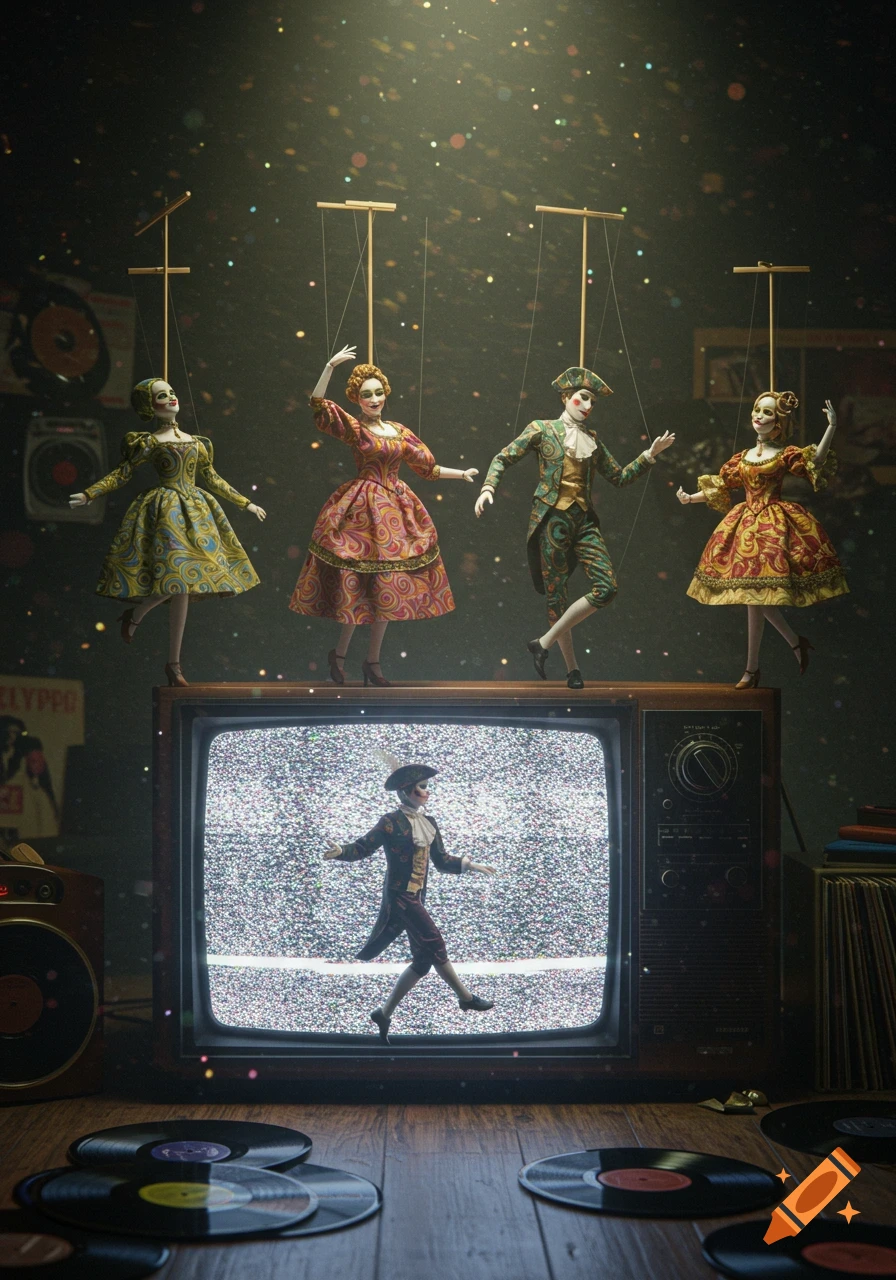 Four marionettes dance above a vintage TV displaying a fifth marionette on static, with records scattered below.