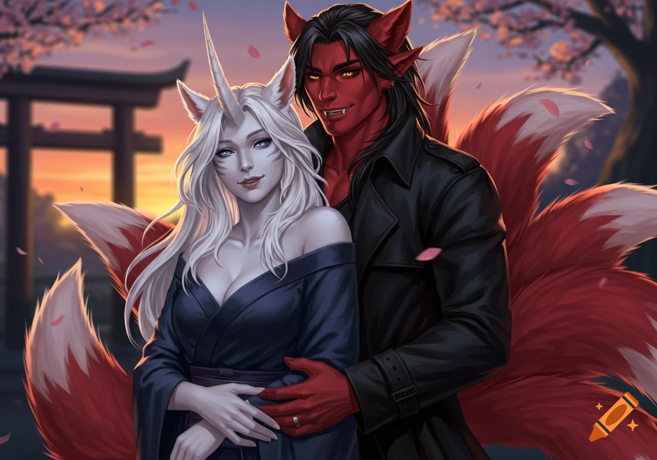 Anthropomorphic kirin woman and kitsune man embracing under cherry blossoms with a torii gate at sunset, digital art.