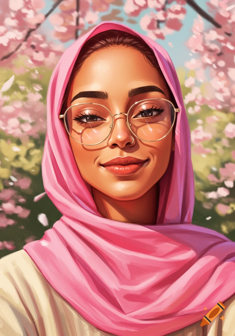 Illustrative portrait of a smiling light brown-skinned woman in a pink hijab, cat-eye glasses, and nose ring, surrounded by pink cherry blossoms.
