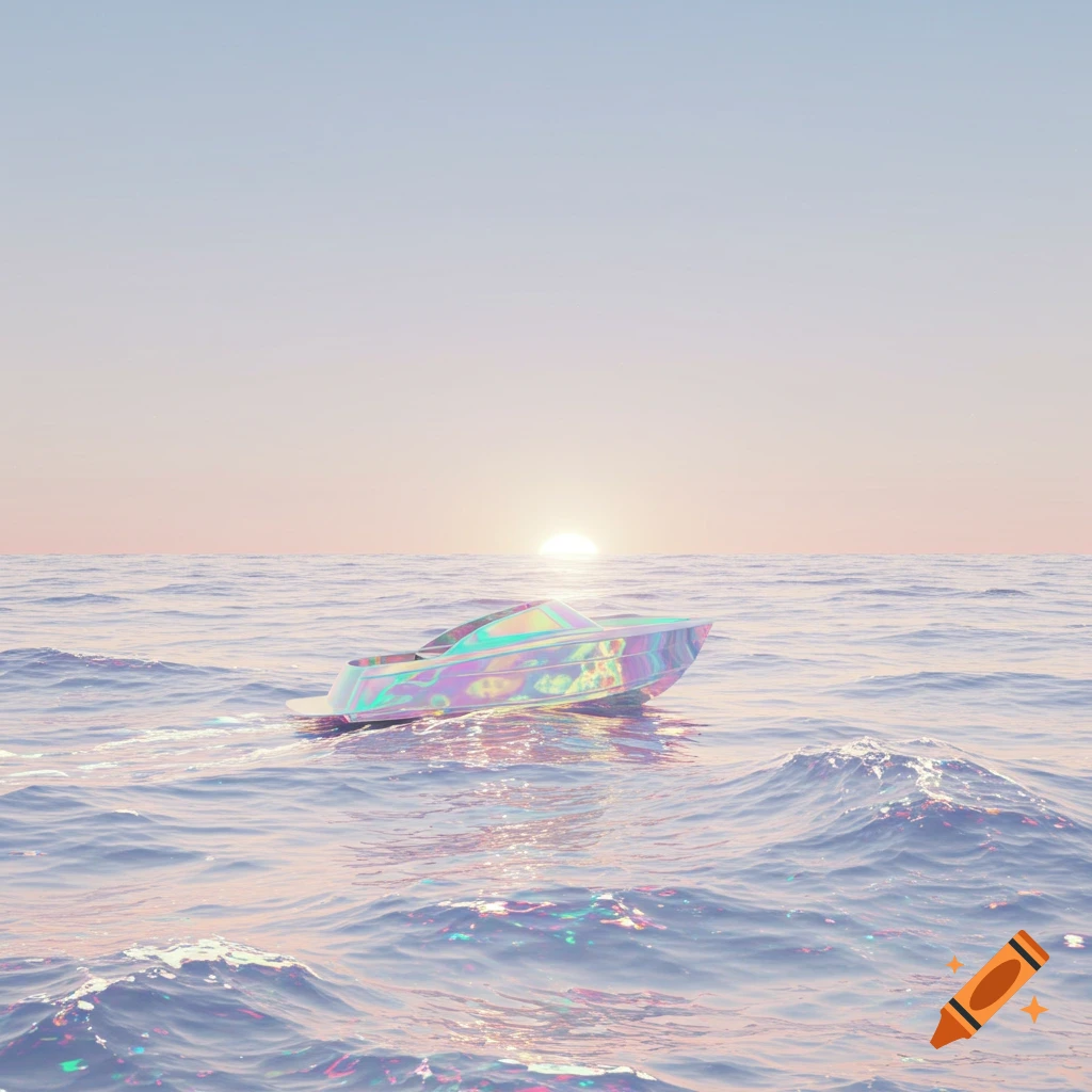 An iridescent rainbow boat floats on wavy iridescent ocean water under a pastel sunset sky in a dreamcore aesthetic.