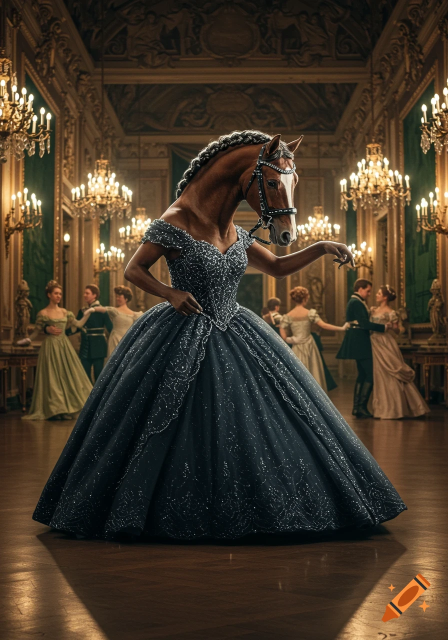 A majestic horse-headed woman in a sparkling dark ball gown waltzes in a grand, chandelier-lit ballroom.