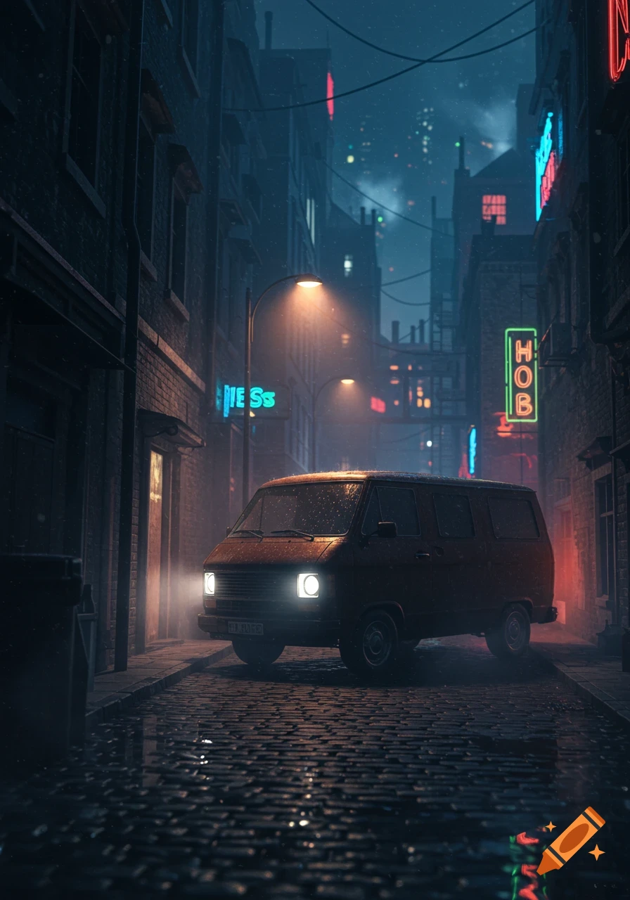 A reddish-brown van on a wet, neon-lit city alley at night, with glowing headlights and reflections on cobblestone.
