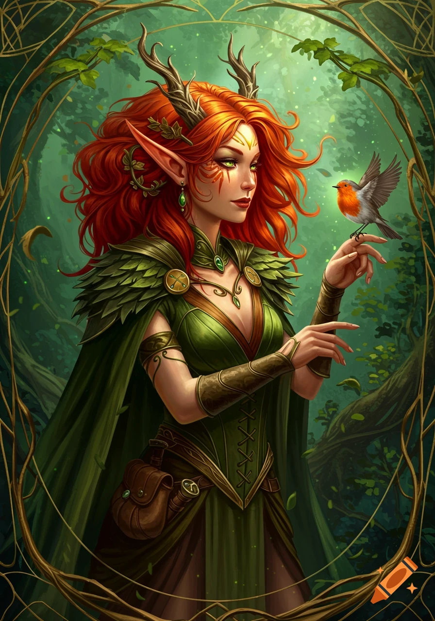 Fantasy painting of a red-haired elf druid in a green dress with antlers and pointed ears, holding a robin in a magical forest.