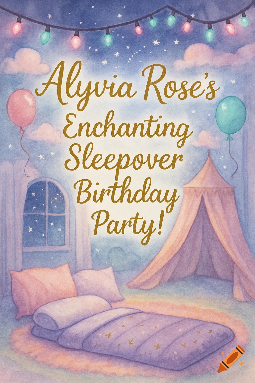 Whimsical watercolor birthday sleepover invitation for Alyvia Rose, featuring a sleeping bag, tent, balloons, and string lights under a starry sky.