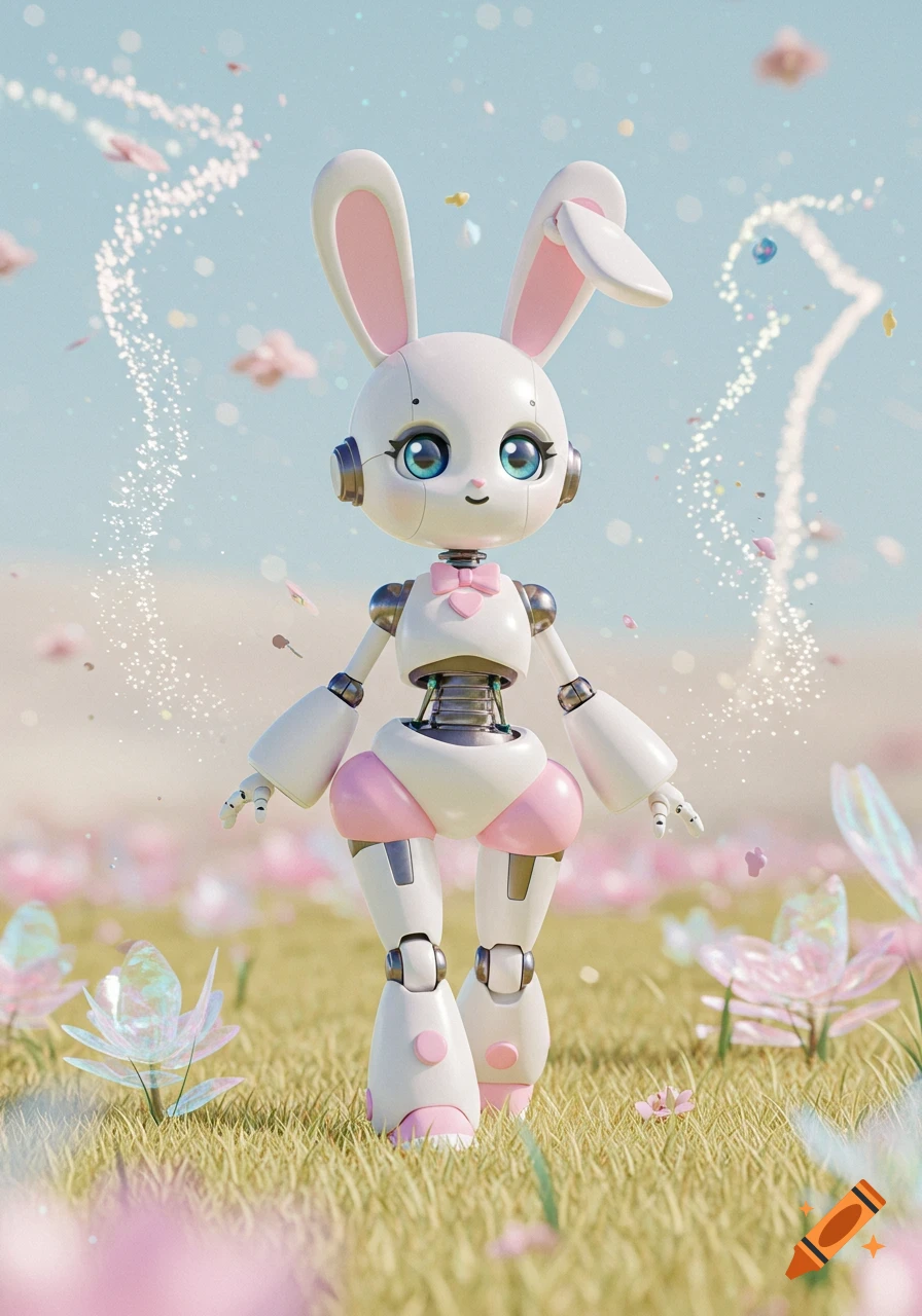 A cute white and pink robot bunny with large blue eyes stands in a grassy field with sparkling effects and glowing pink flowers.