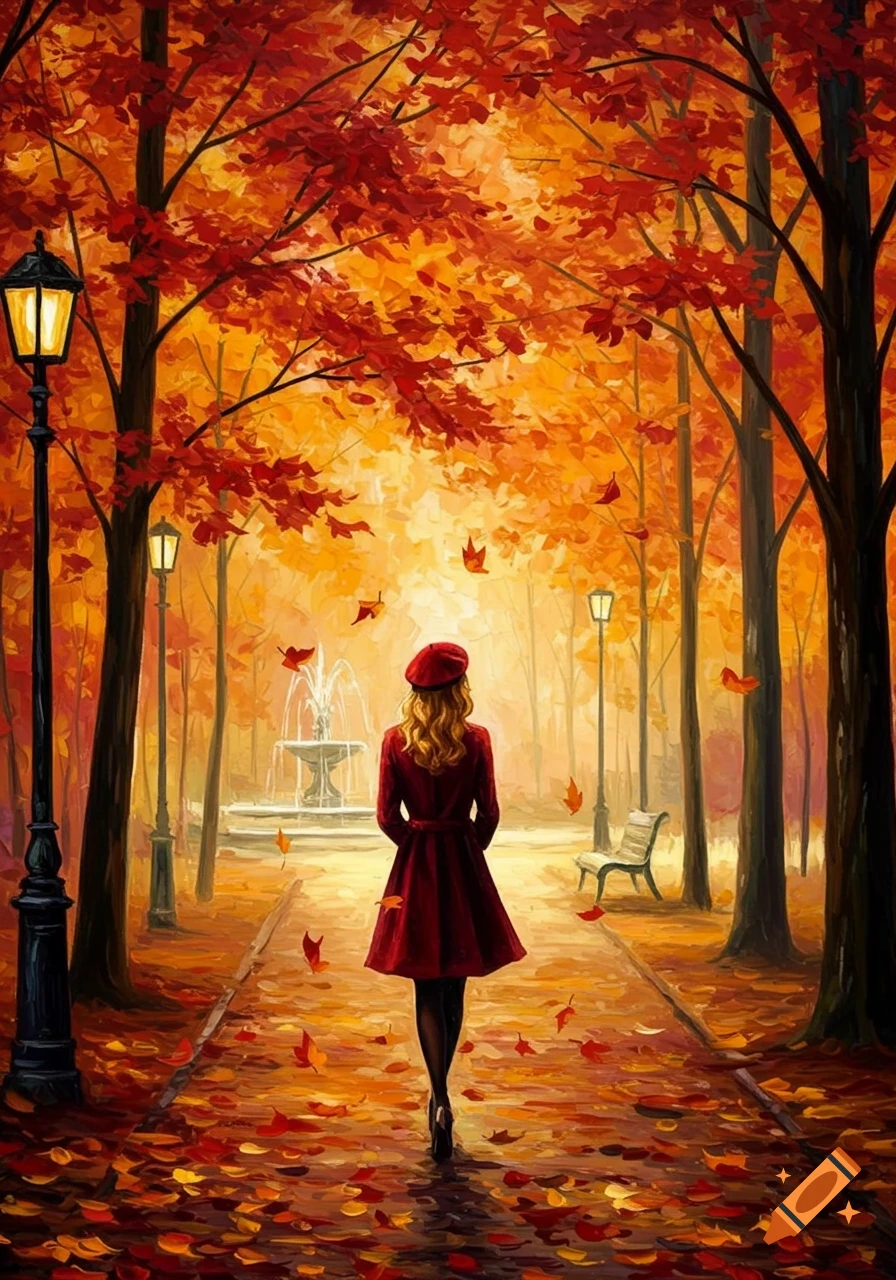 A woman in a red coat walks down an autumn park path with vibrant red and orange trees, in a painterly style.