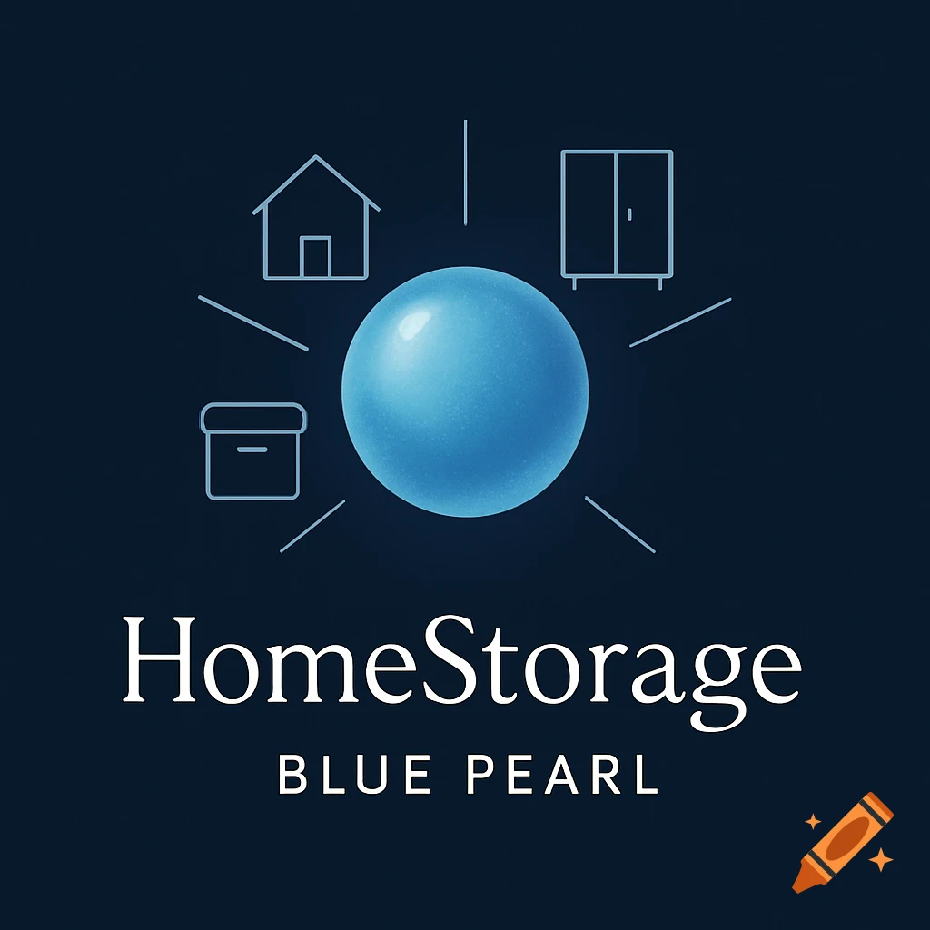 A logo for HomeStorage Blue Pearl, featuring a glowing blue sphere surrounded by outline icons of a house, a cabinet, and a storage box.