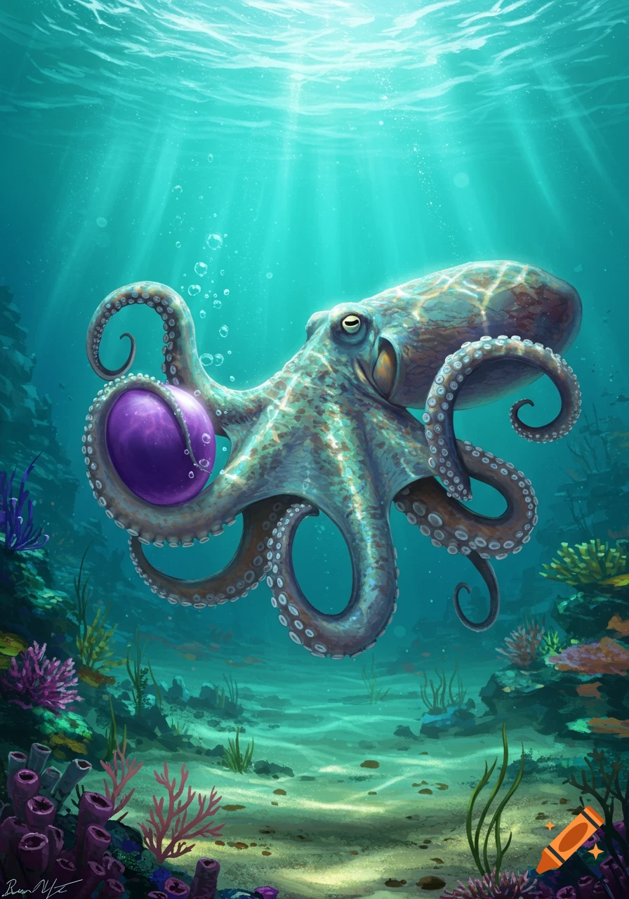A vibrant illustration of an octopus holding a glowing purple orb underwater, surrounded by colorful coral and sunlight from above.