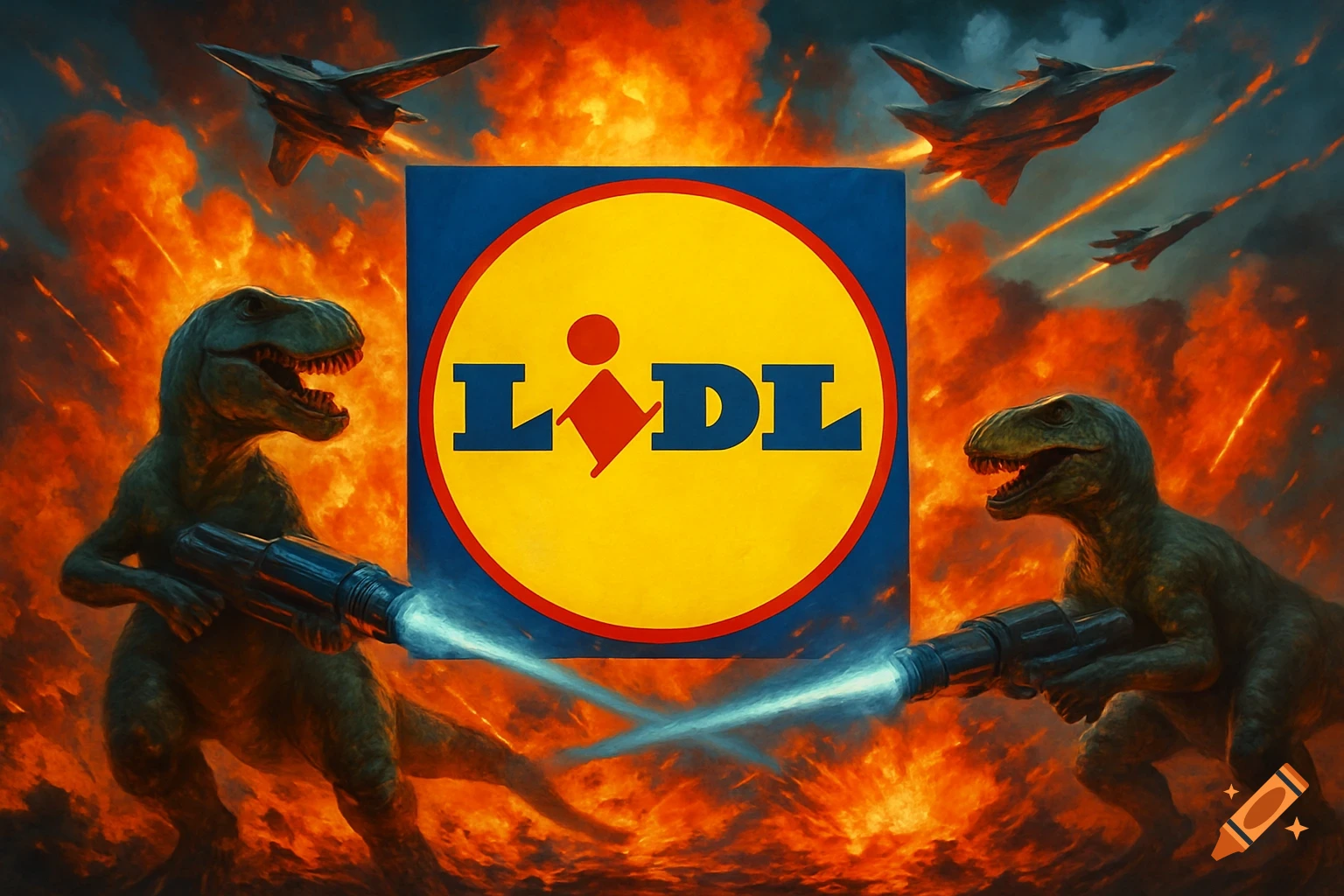 A chaotic painting of two dinosaurs with laser guns battling in front of a giant LIDL logo, with fighter jets and explosions in the background.