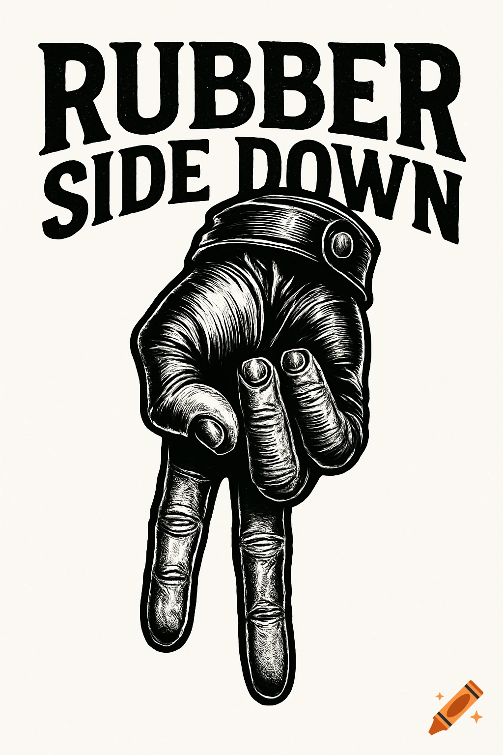 A black and white woodcut-style illustration of a gloved hand making an inverted two-finger V-sign, with "RUBBER SIDE DOWN" text above.
