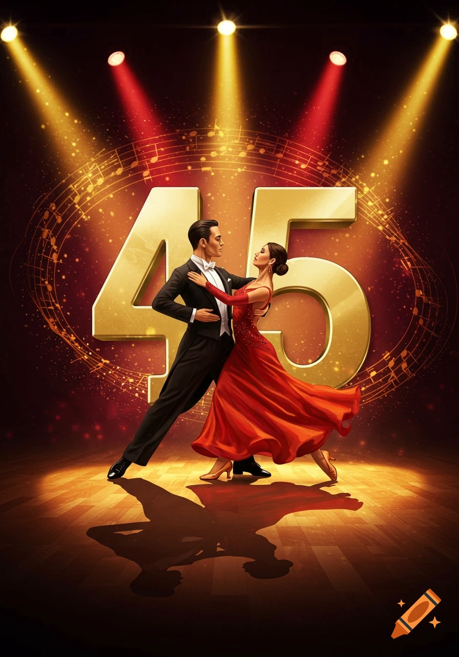 A male and female dancer in formal attire pose in front of a large golden '45' under bright spotlights on a wooden stage, a festive illustration.