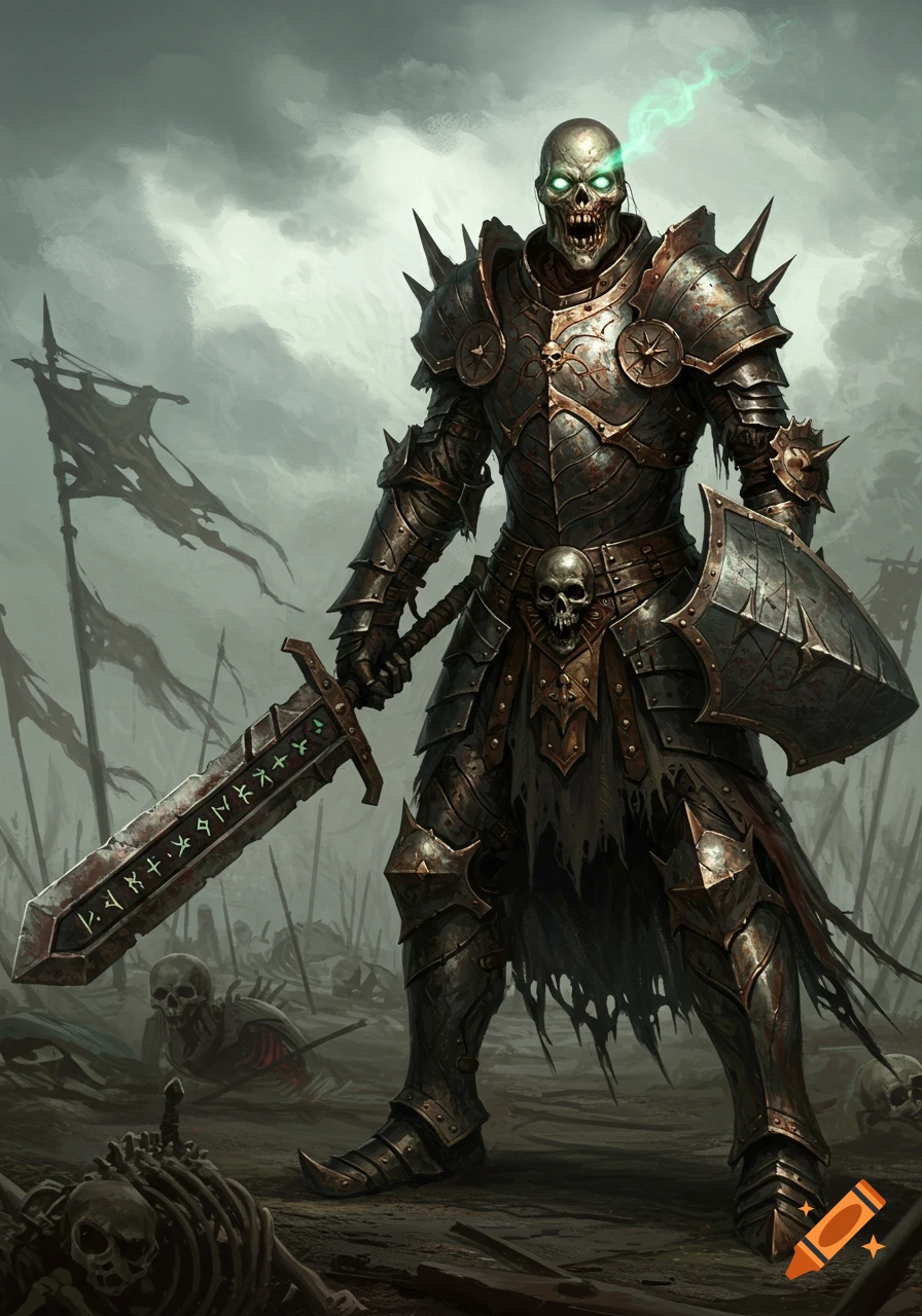 A skeletal undead warrior in spiked, dark metal armor holds a large, runic sword and shield on a battlefield littered with bones.