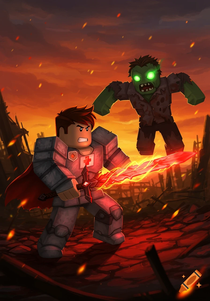 Roblox knight with a glowing red sword fights a zombie in a fiery, ruined landscape, digital art.