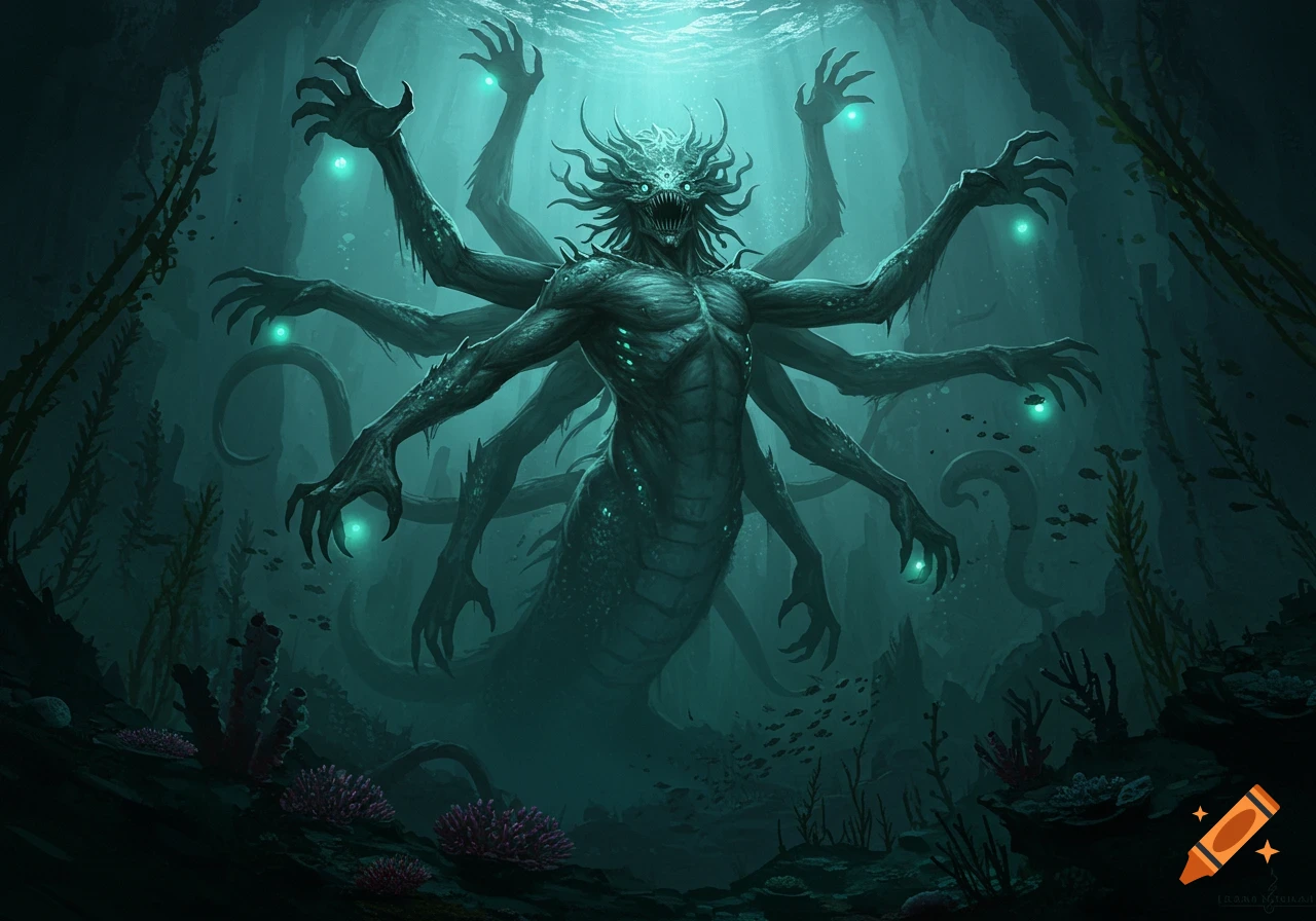 A terrifying multi-armed leviathan monster with clawed hands and glowing orbs lurks in the dark depths of the ocean.