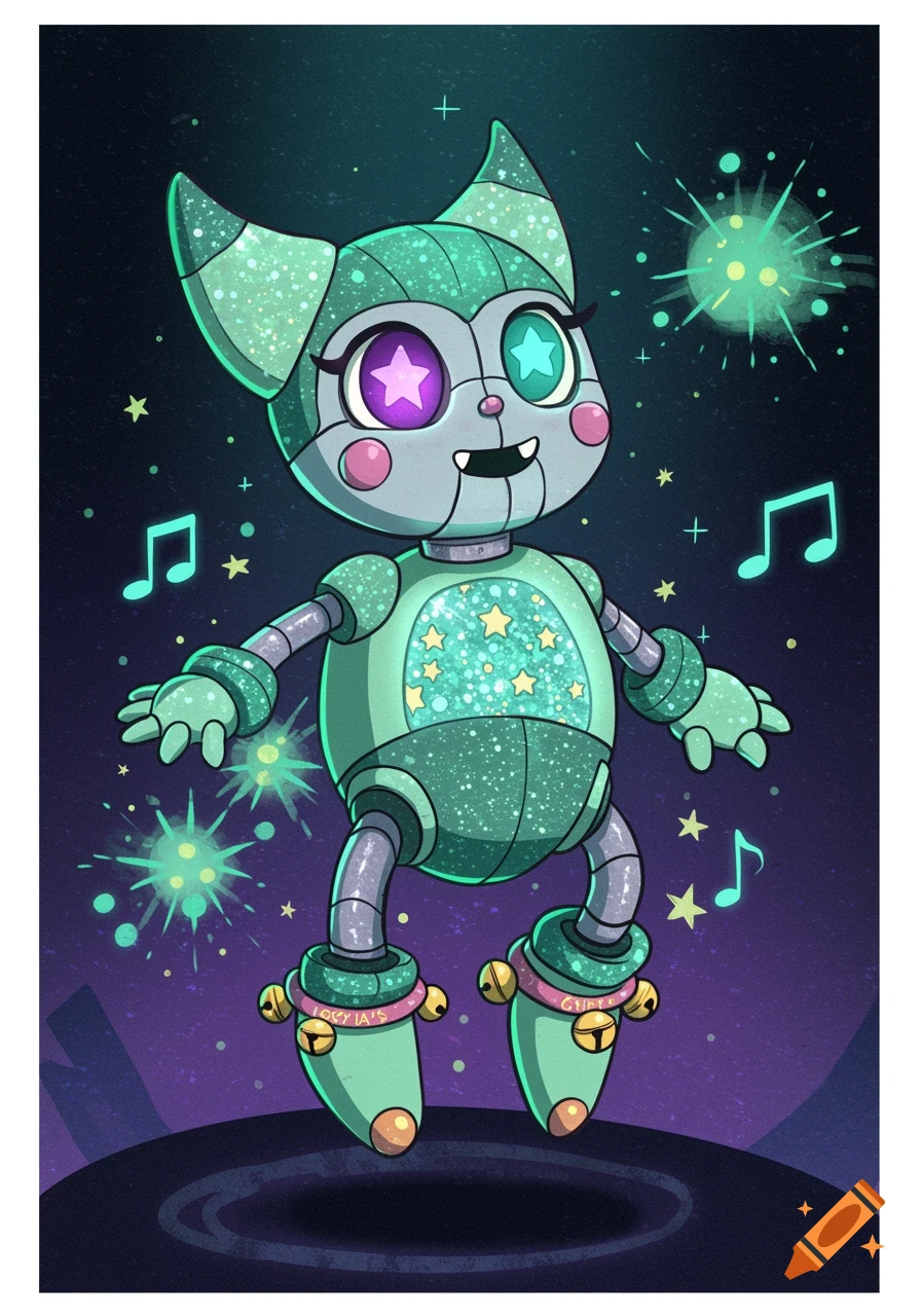 A cute cartoon robot with cat ears, starry eyes, and bell anklets, floating in a cosmic scene with stars and music notes.