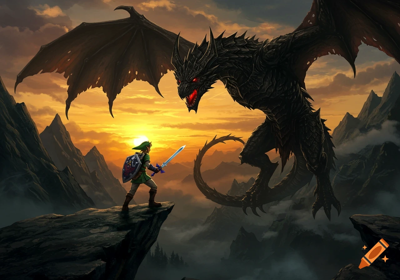 Link from Legend of Zelda stands on a mountain peak, sword drawn, facing a large black dragon, Alduin, against a vibrant sunset.
