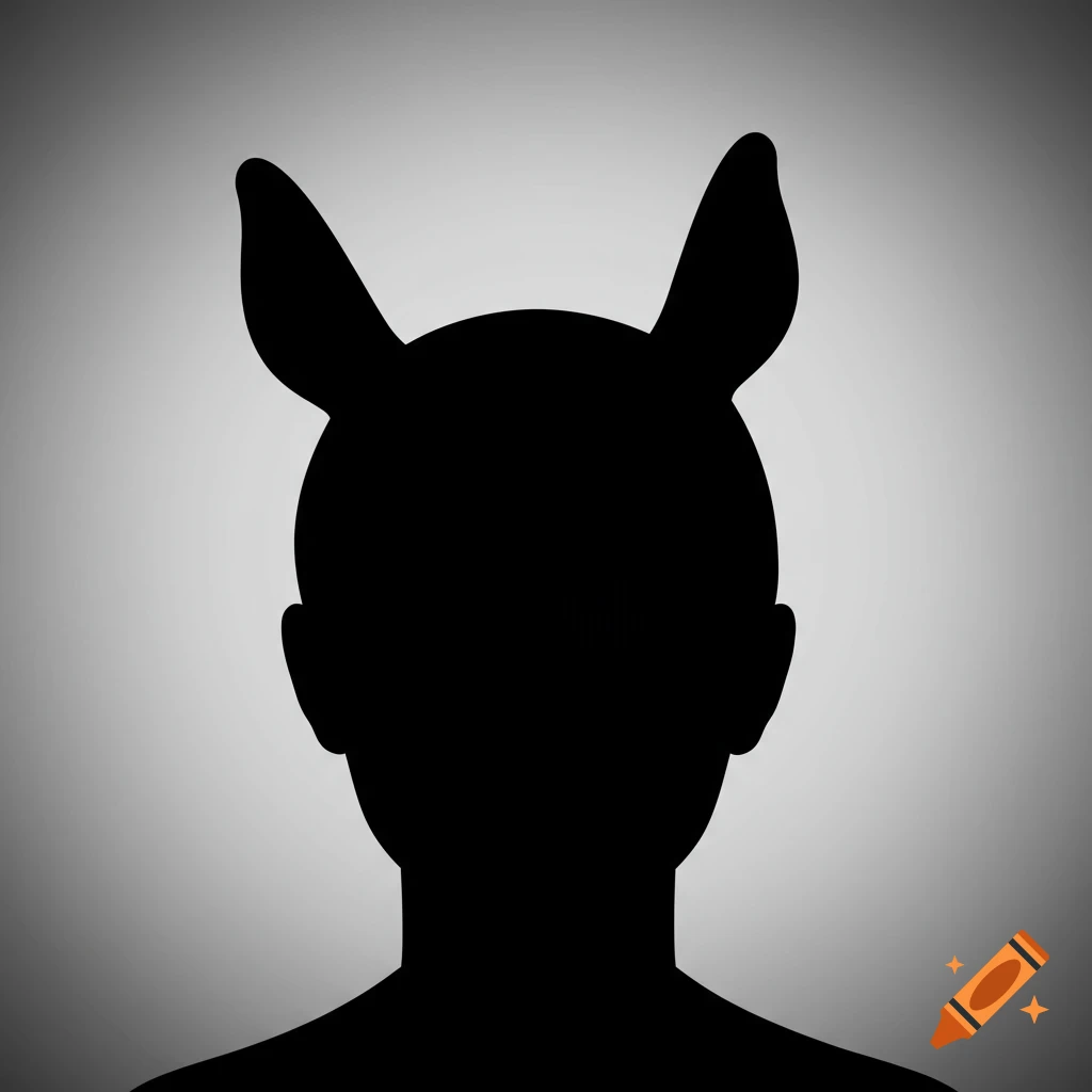 Black silhouette of a person's head and shoulders with one straight and one tilted animal ear against a grey gradient background.