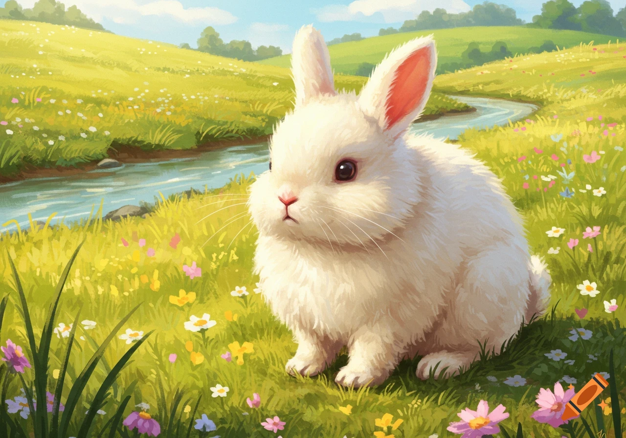 A fluffy white bunny sits in a vibrant green meadow with colorful wildflowers next to a winding river under a blue sky, in an illustration style.