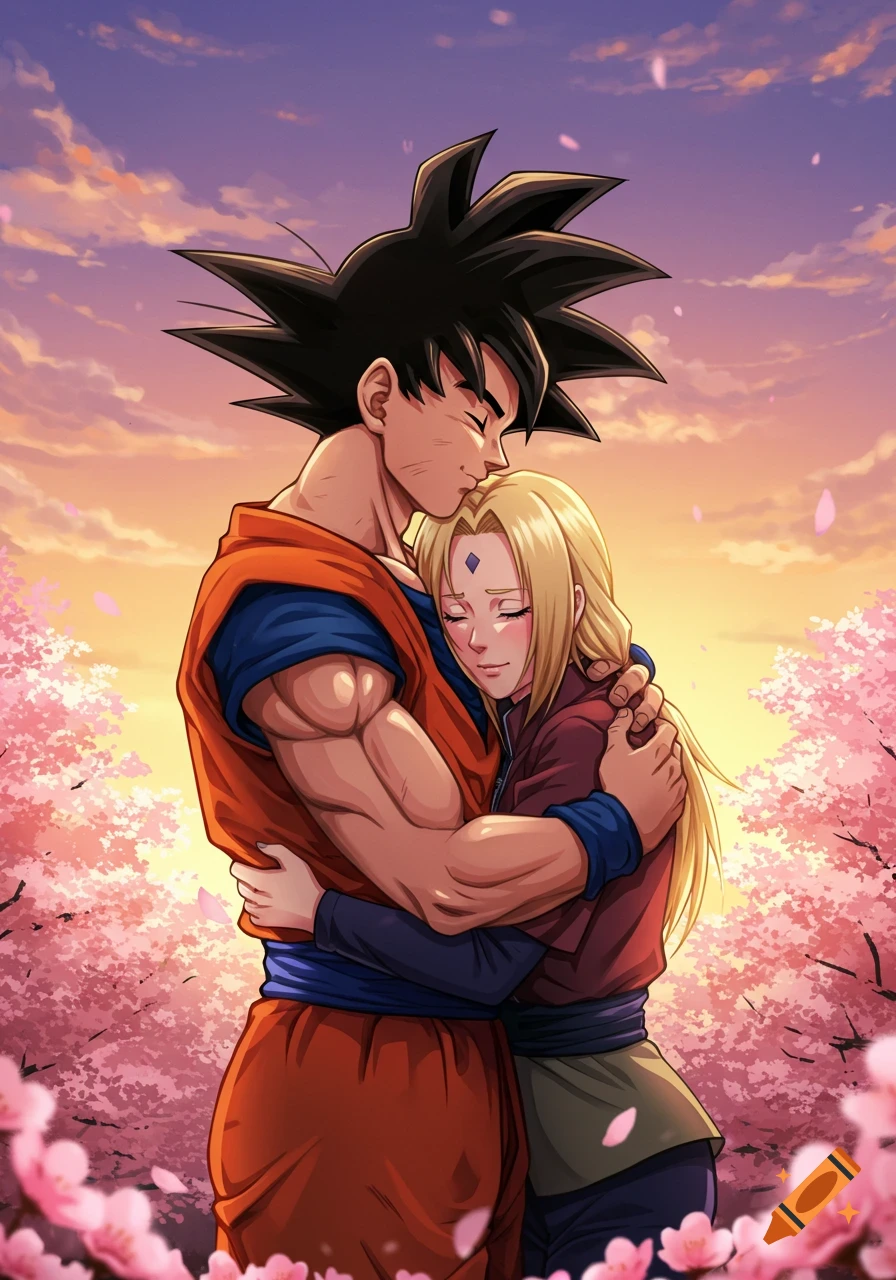 Anime-style illustration of Goku embracing Tsunade under a sunset sky with cherry blossoms.