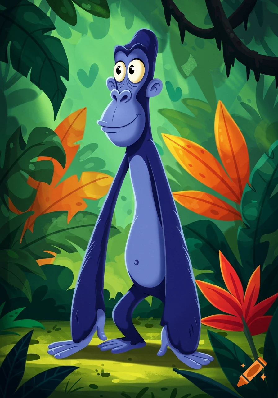 A lanky blue cartoon gorilla with big eyes and a smile stands in a vibrant jungle.