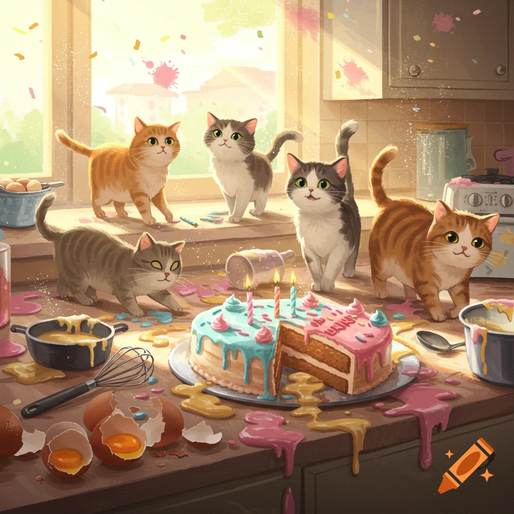 Five adorable cats creating a joyful mess in a kitchen with a half-eaten birthday cake and spilled ingredients.