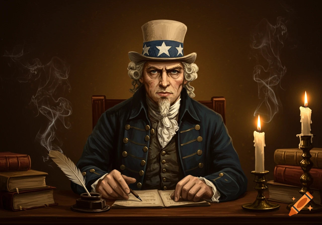 A serious Uncle Sam-like figure in colonial attire writes at a candlelit desk, with two lit candles.